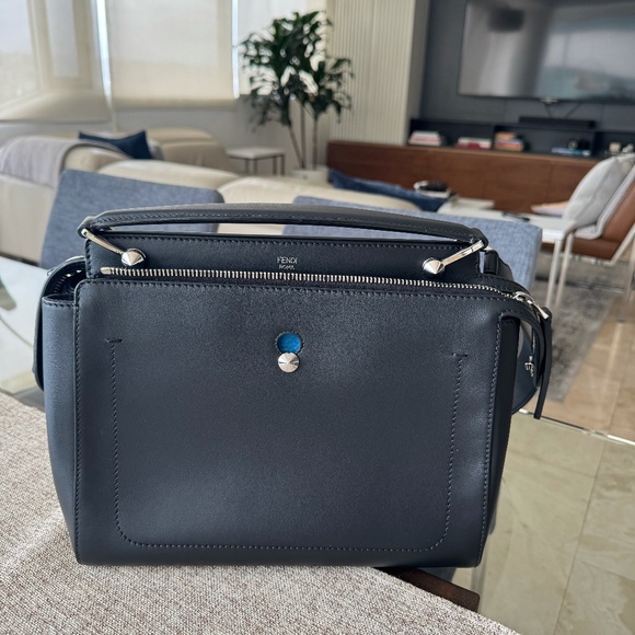 FENDI  Vitello Baltico Dolce DotCom Satchel Black Blue Royal - Picture 2 of 9